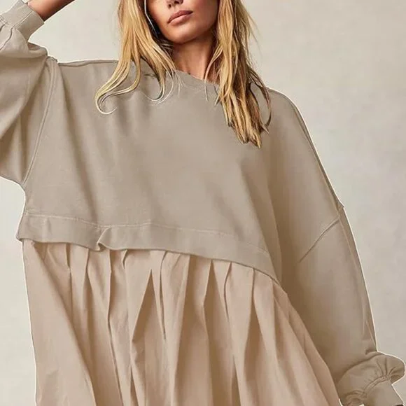 Dokuritu Women's Khaki Patchwork Crew Neck Long Sleeve Sweatshirt Mini Dress XS - Picture 2 of 11